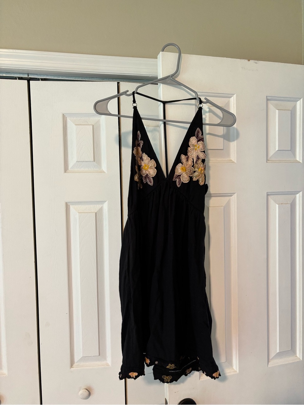 Free People Black Mini Dress with Floral Embroidery
